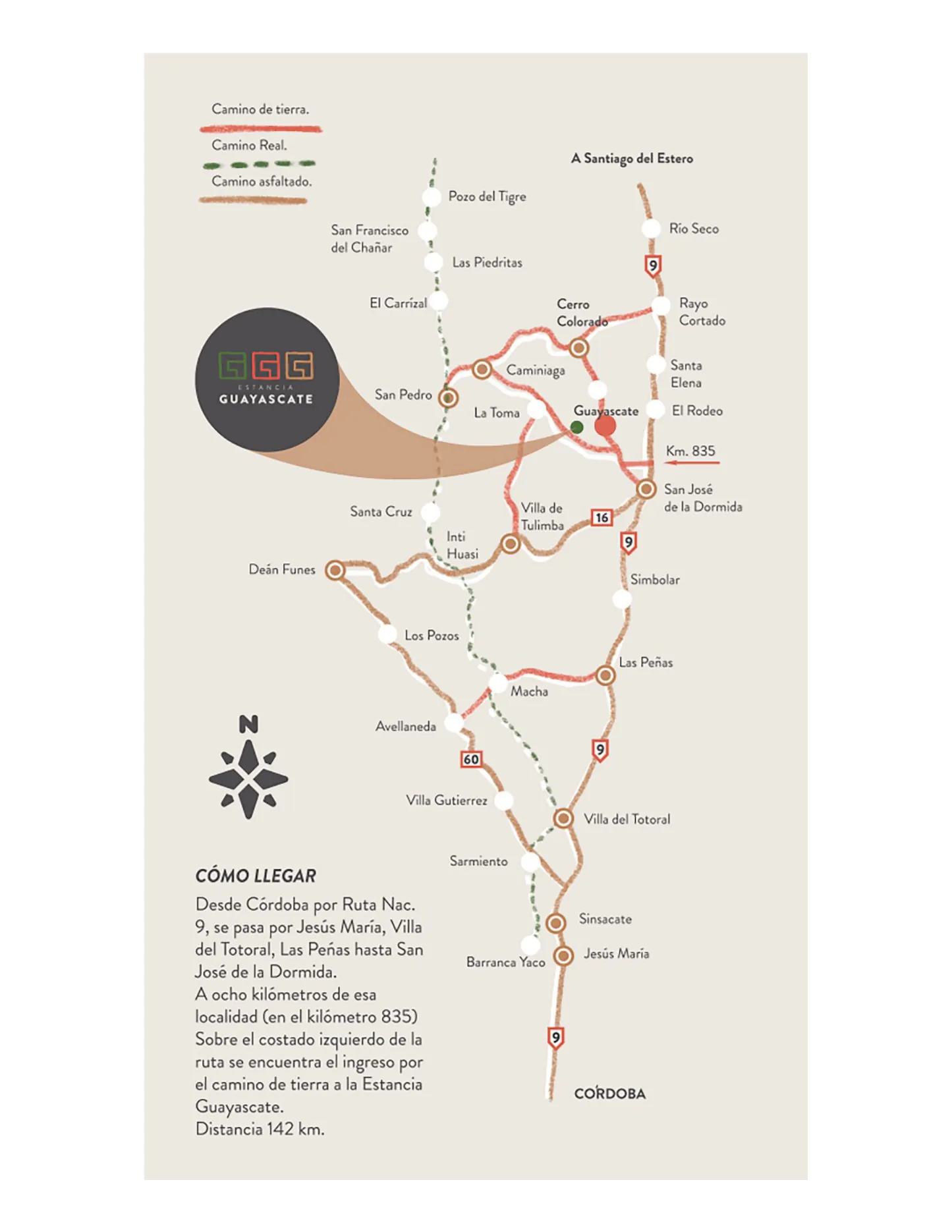 Illustrated map of northern Córdoba showing the location of Estancia Guayascate